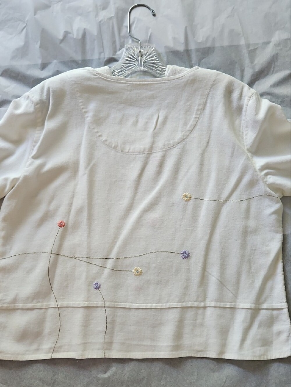 Christopher & Banks White Linen Embroidered 3/4 Sleeve Crewneck Top - Picture 5 of 10